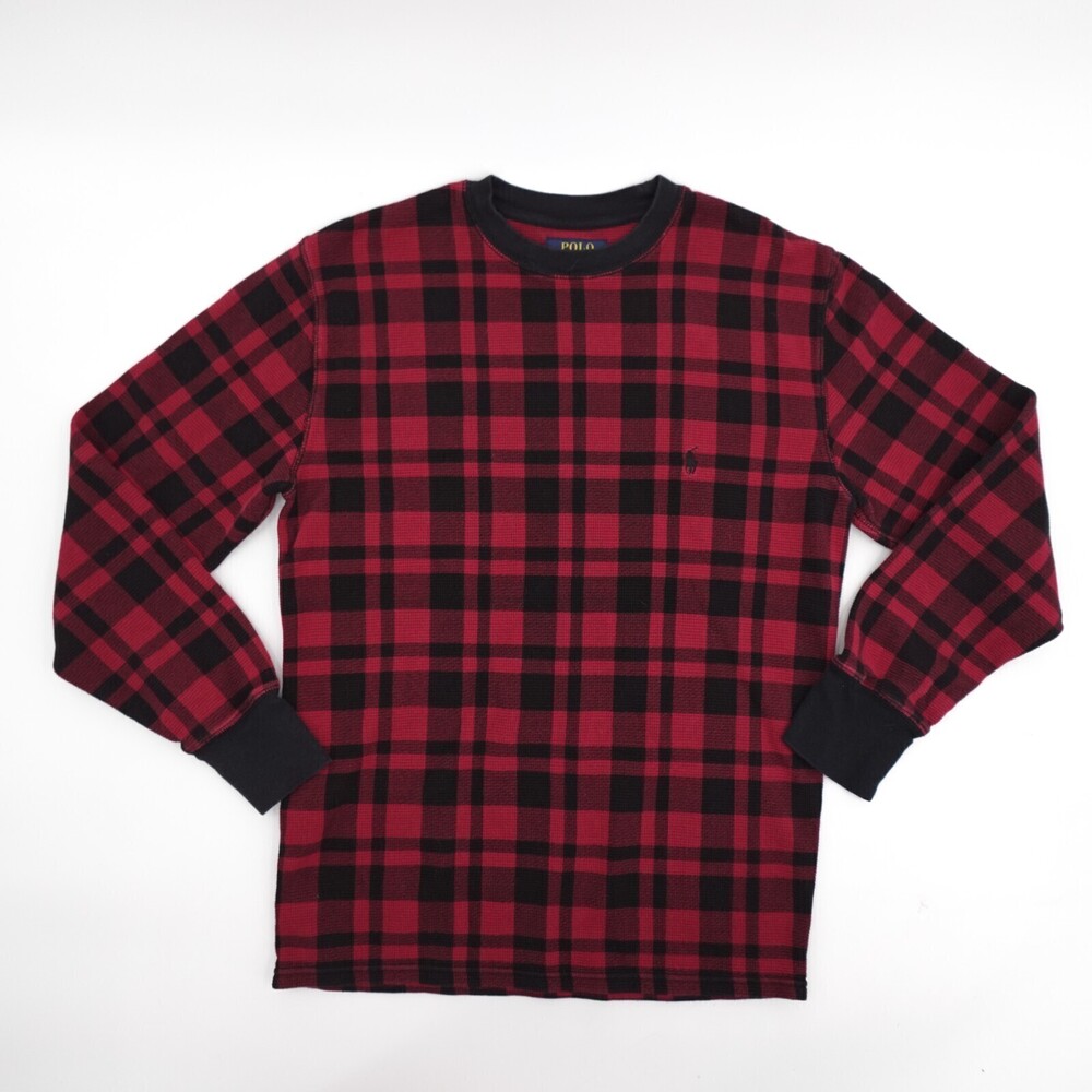 Polo Sweater Mens Medium Red Black Plaid Pullover Long Sleeve Crew Neck